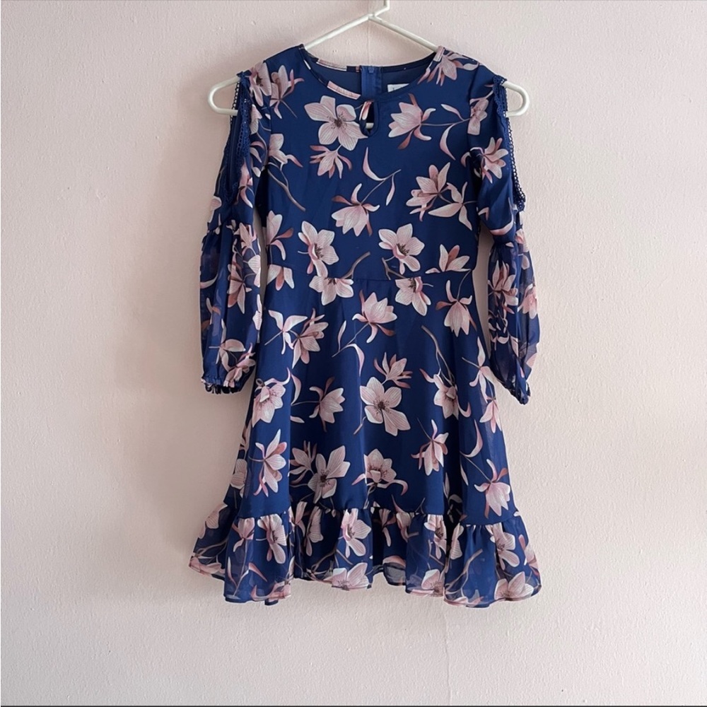 Blush by Us Angels navy blue & pink floral casual dress with cutout sleeves Sz 7